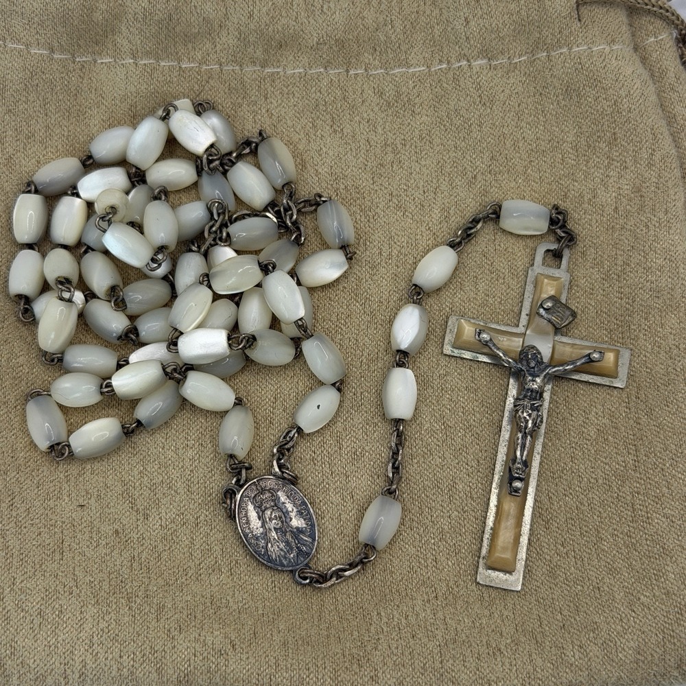 Antique Christianity Rosary Necklace Mother of Pearl Beads Vintage 20.5" Silver